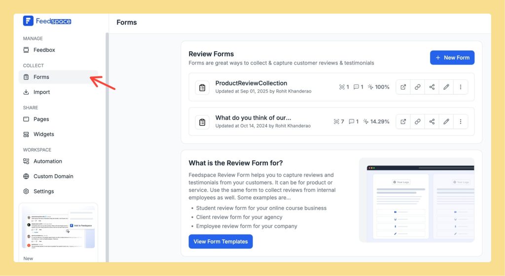 Forms section in Feedspace with Share option highlighted