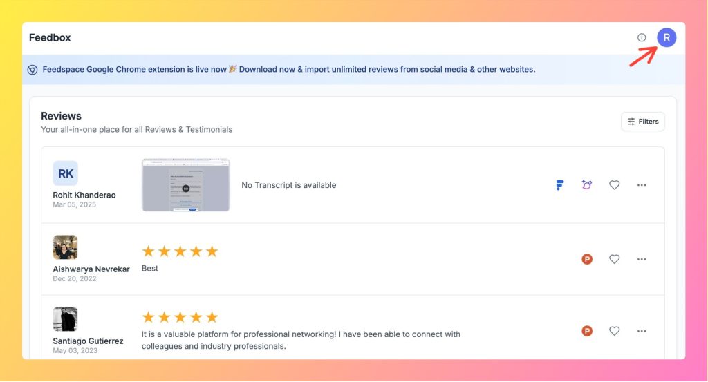 Feedspace dashboard showing the Settings option in the sidebar