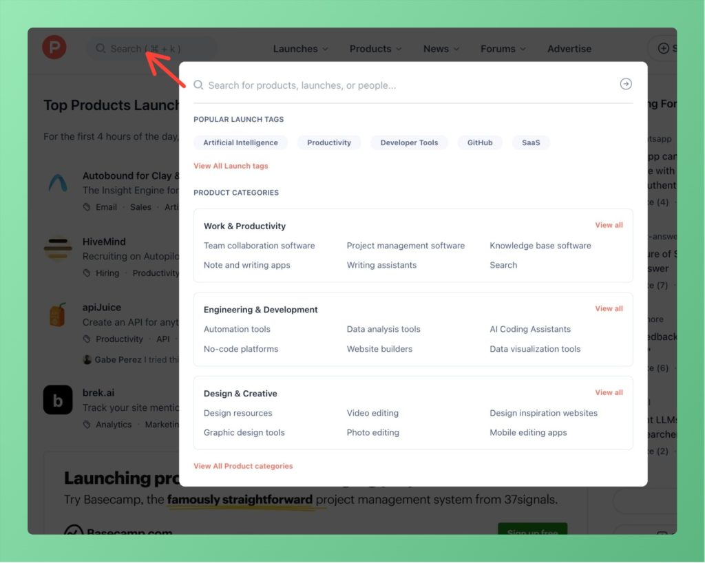 Search the product in Product Hunt