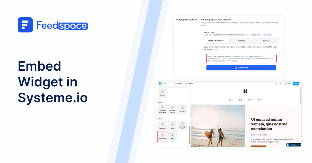Embed Feedspace Widget in Systeme.io