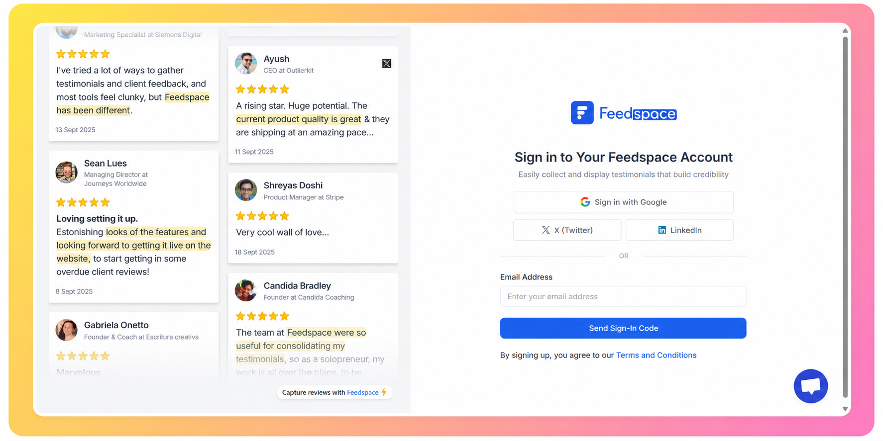 Sign in with Email and OTP Add an email and OTP to sign in to the Feedspace