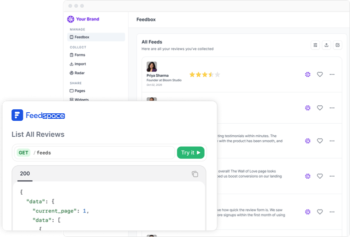 Feedspace API request importing reviews into a branded workspace